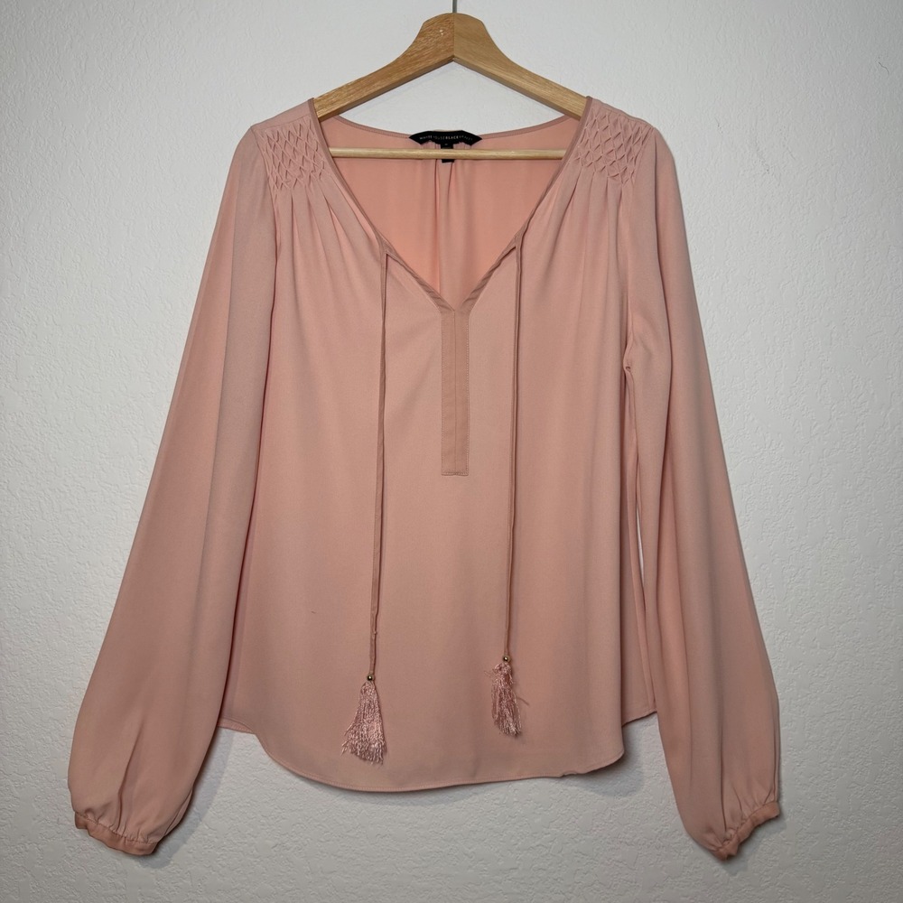 White House Black Market Blush Pink Smocked Tassel V-Neck Blouse Size‎ 8